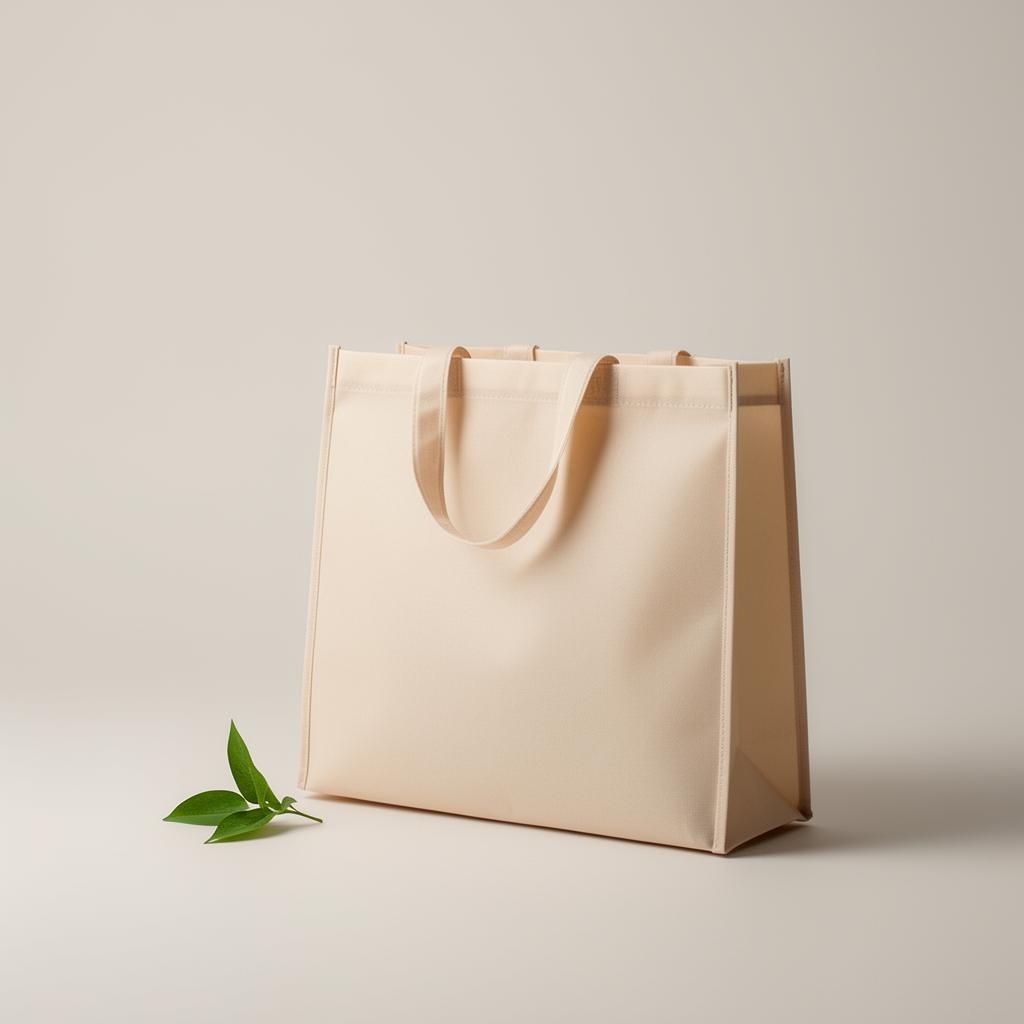 A reusable non-woven shopping bag beside a small leaf